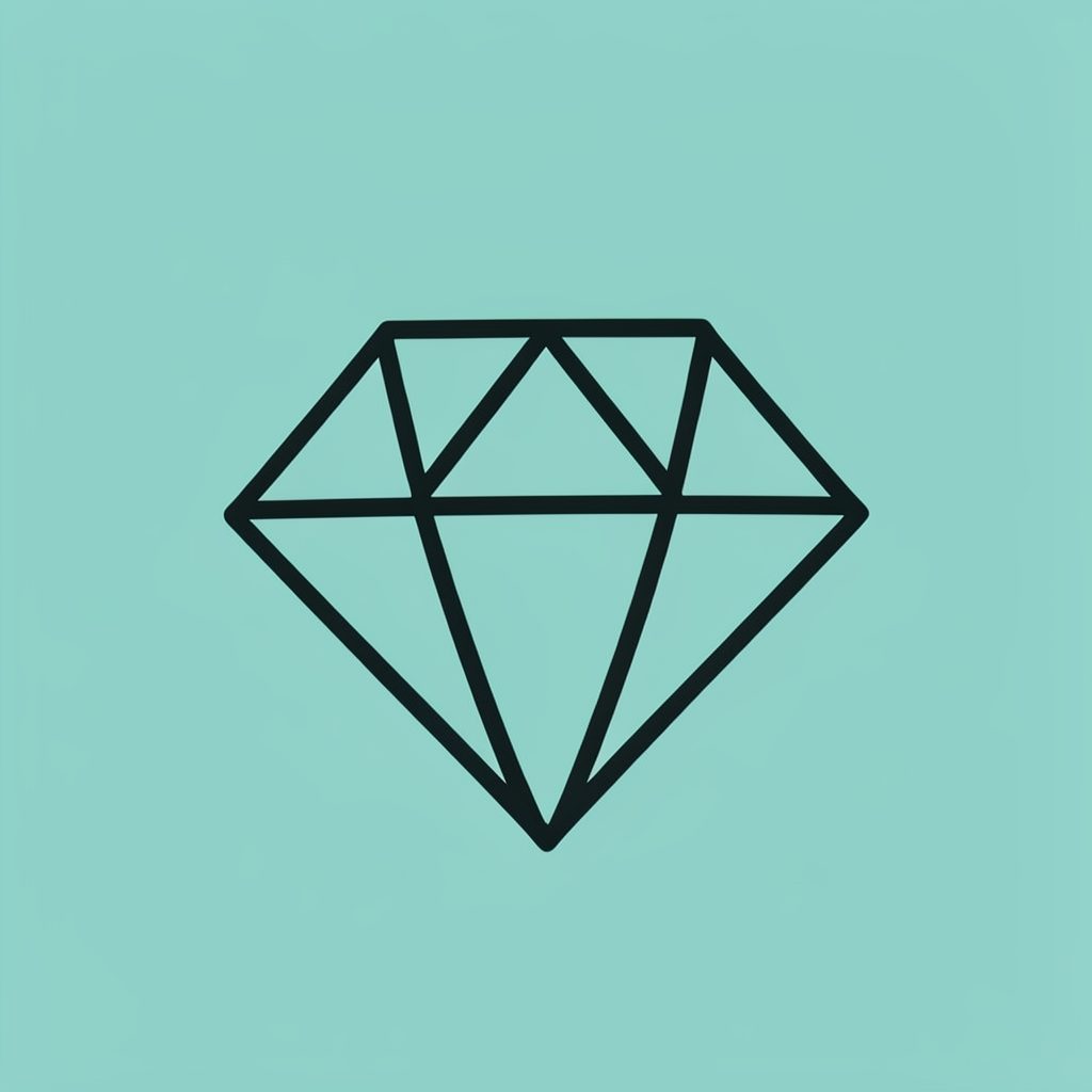 Simple line icon of a diamond shape on light teal background, representing premium quality