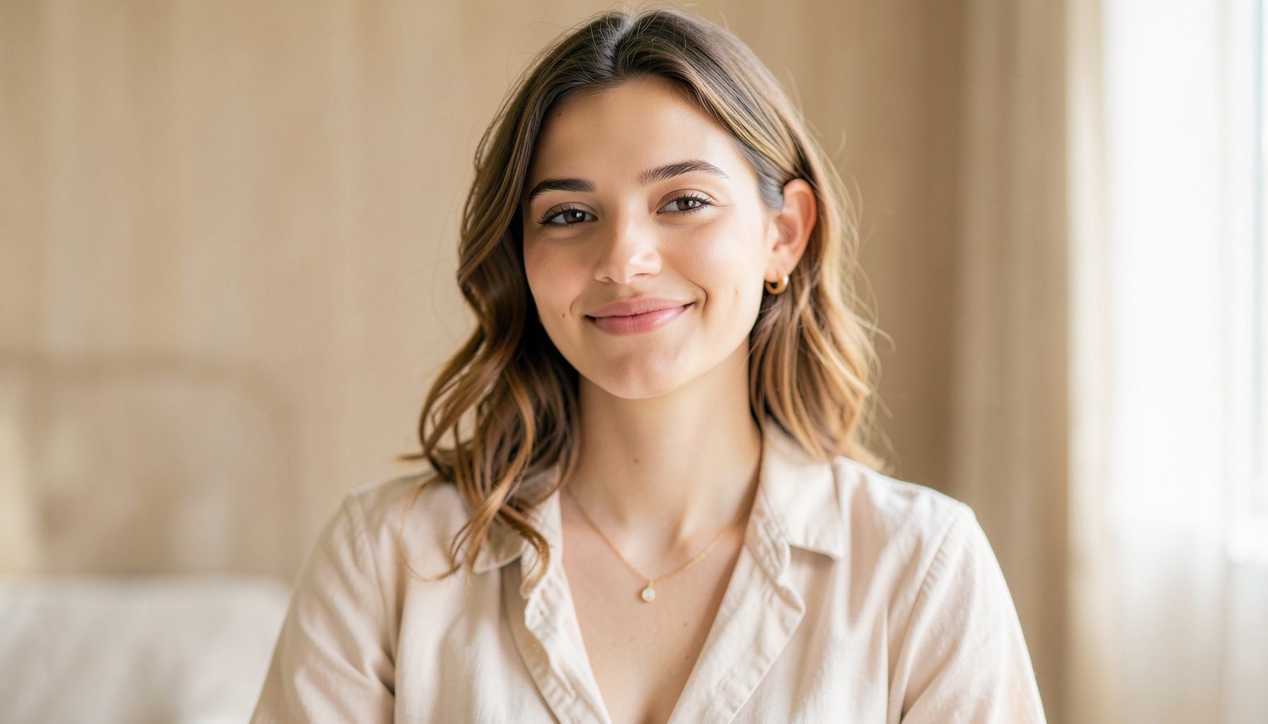 Young woman with a fresh natural look, soft daylight, warm neutral tones, relaxed and approachable