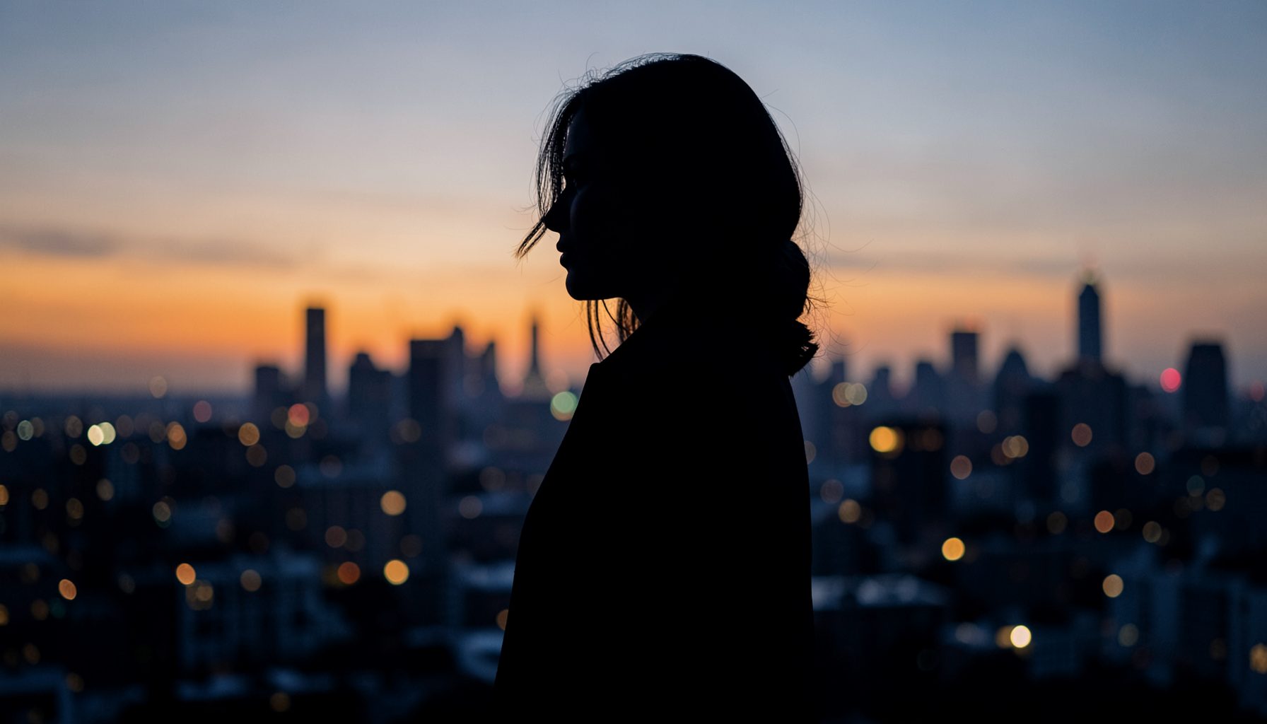 Elegant woman's silhouette against a softly lit city skyline at dusk, deep navy and amber tones, sophisticated and alluring