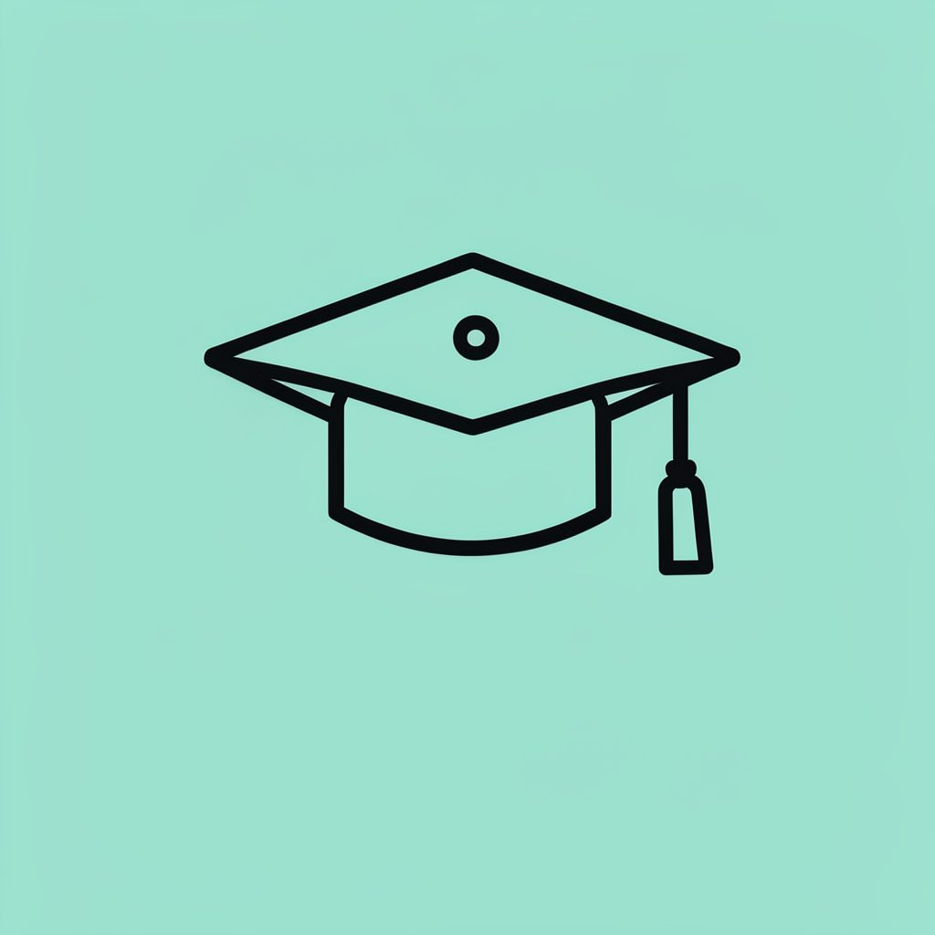 Simple line icon of a graduation cap on light teal background, representing college companions