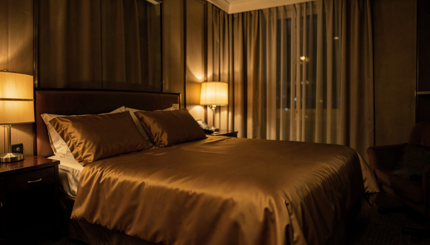Dimly lit luxury hotel room with soft amber and gold tones, sheer curtains, and a plush bed with satin sheets, romantic and inviting