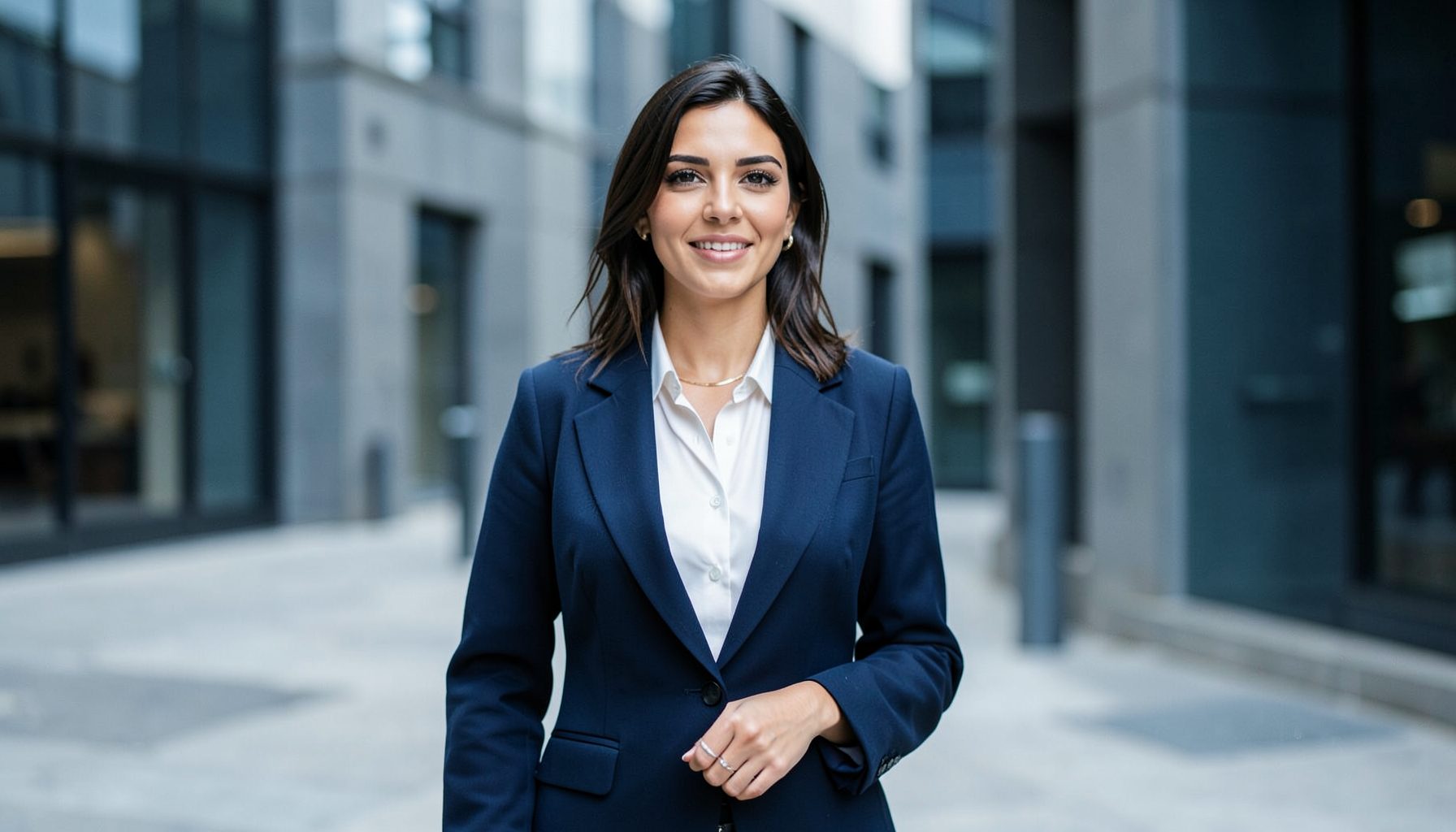 Confident woman in tailored attire, modern urban setting with cool grey and navy tones, independent and poised