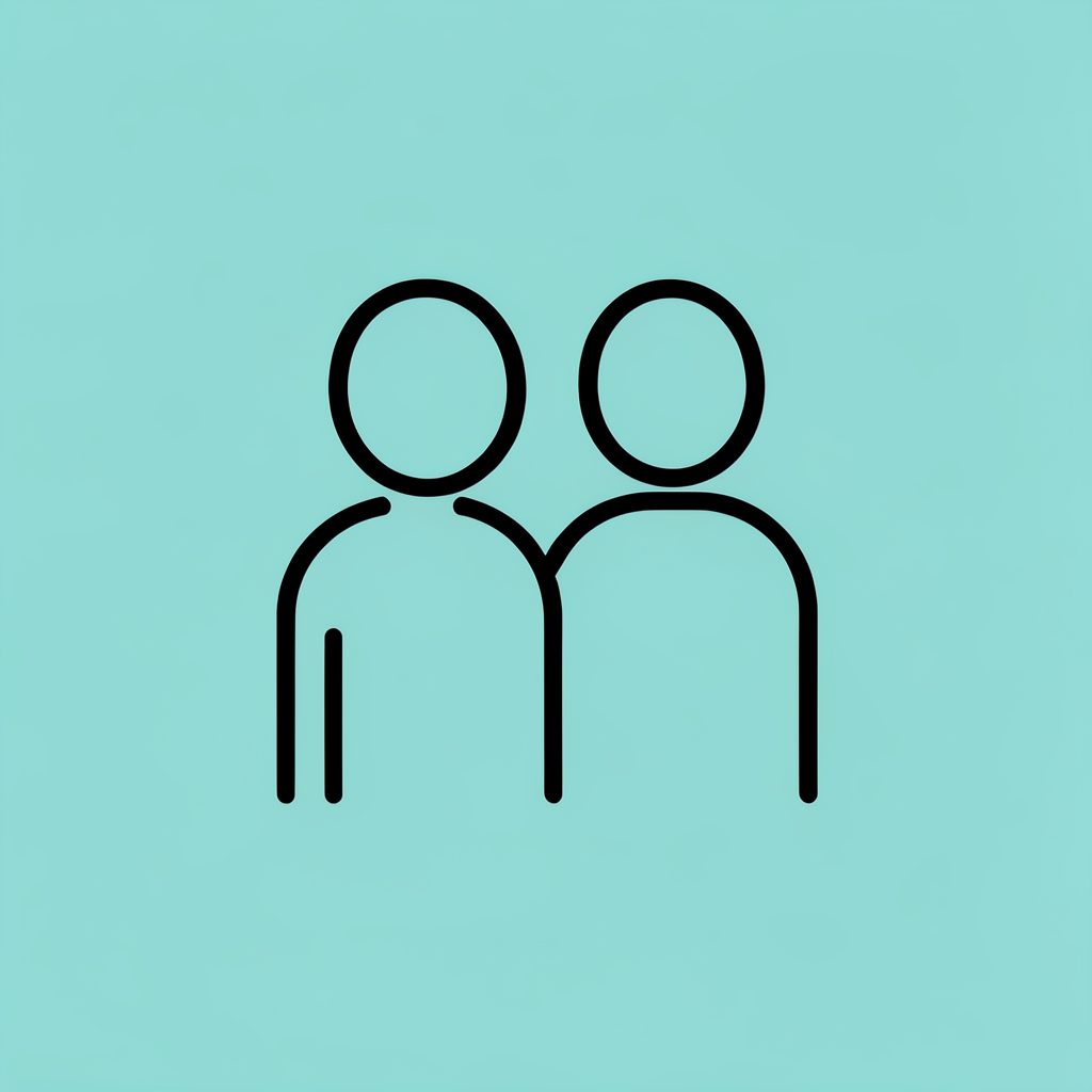 Simple line icon of a couple silhouette on light teal background, representing couple services