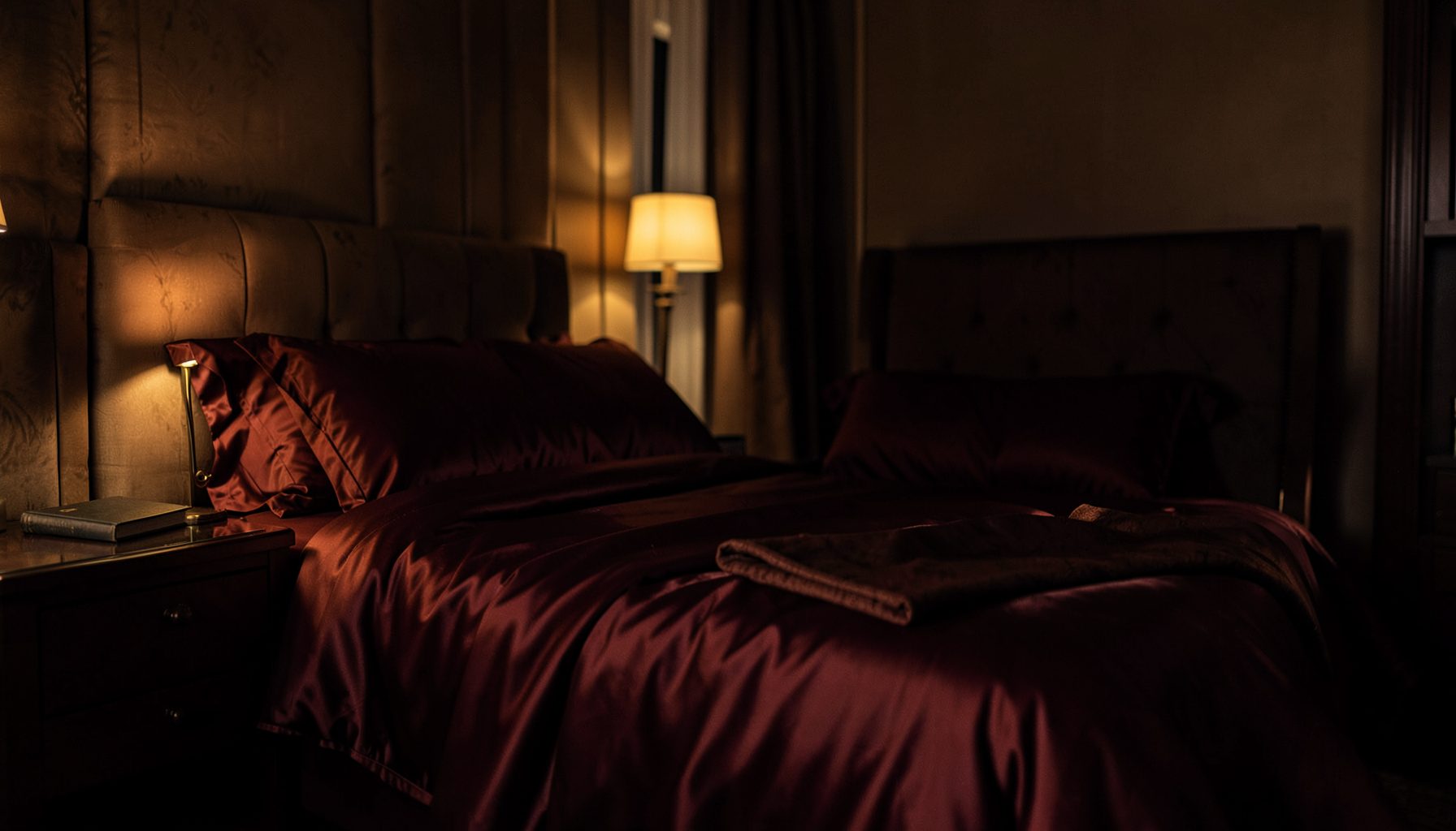 Dimly lit luxury bedroom interior with soft golden lamp glow, silk bedding in deep burgundy tones, and a warm intimate atmosphere